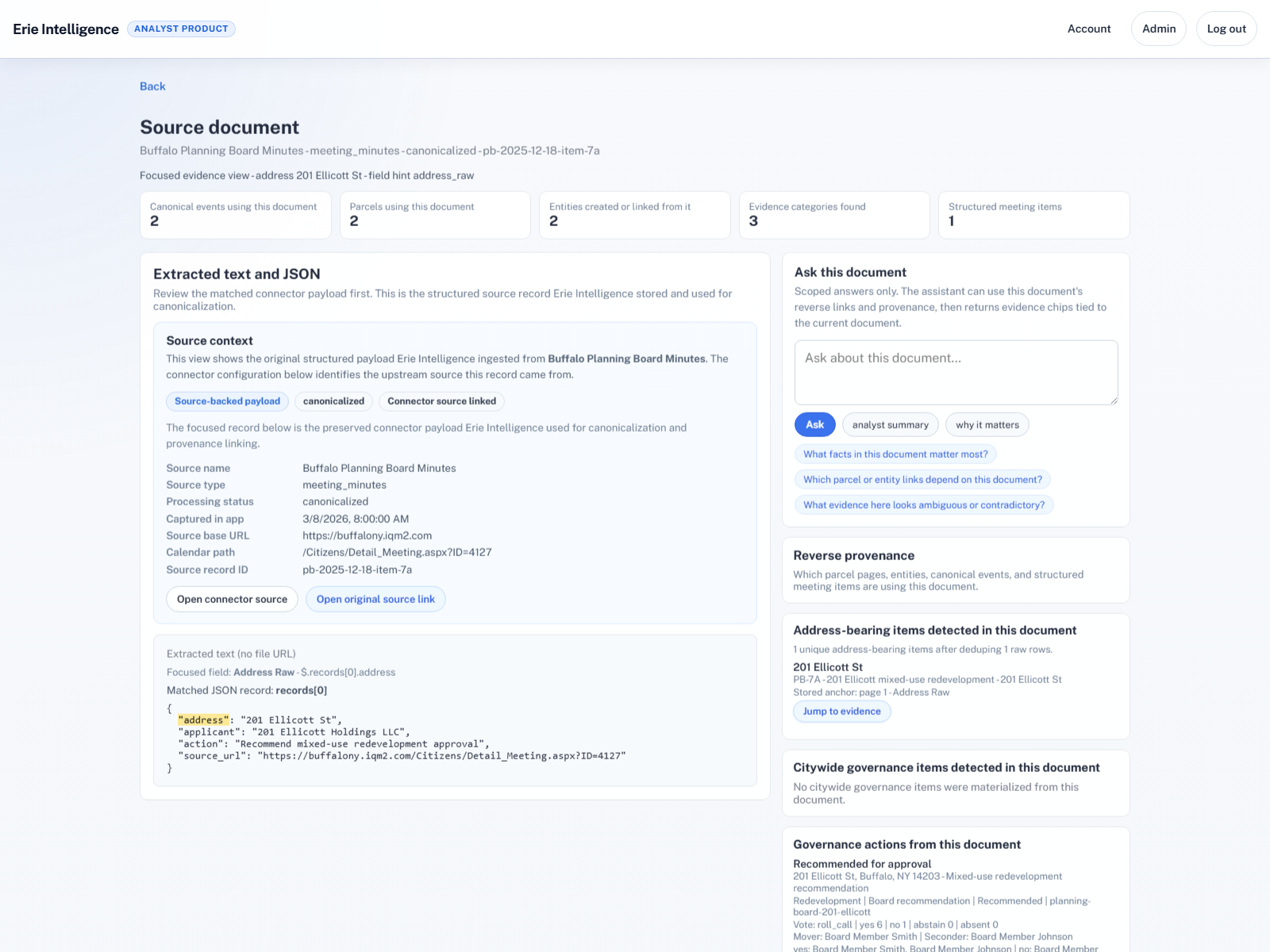 Source document and provenance view in Erie Intelligence.